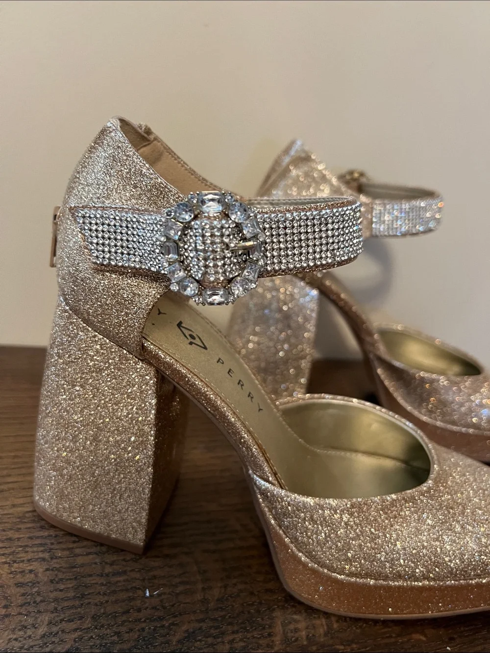 Katy Perry Collections Rose Gold Glitter Platform Mary Jane with Crystal Buckle
